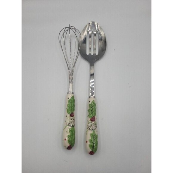 Temptations Tara Winter Whimsy Holly Ceramic Handle Stainless Whisk & Spoon - Picture 1 of 5